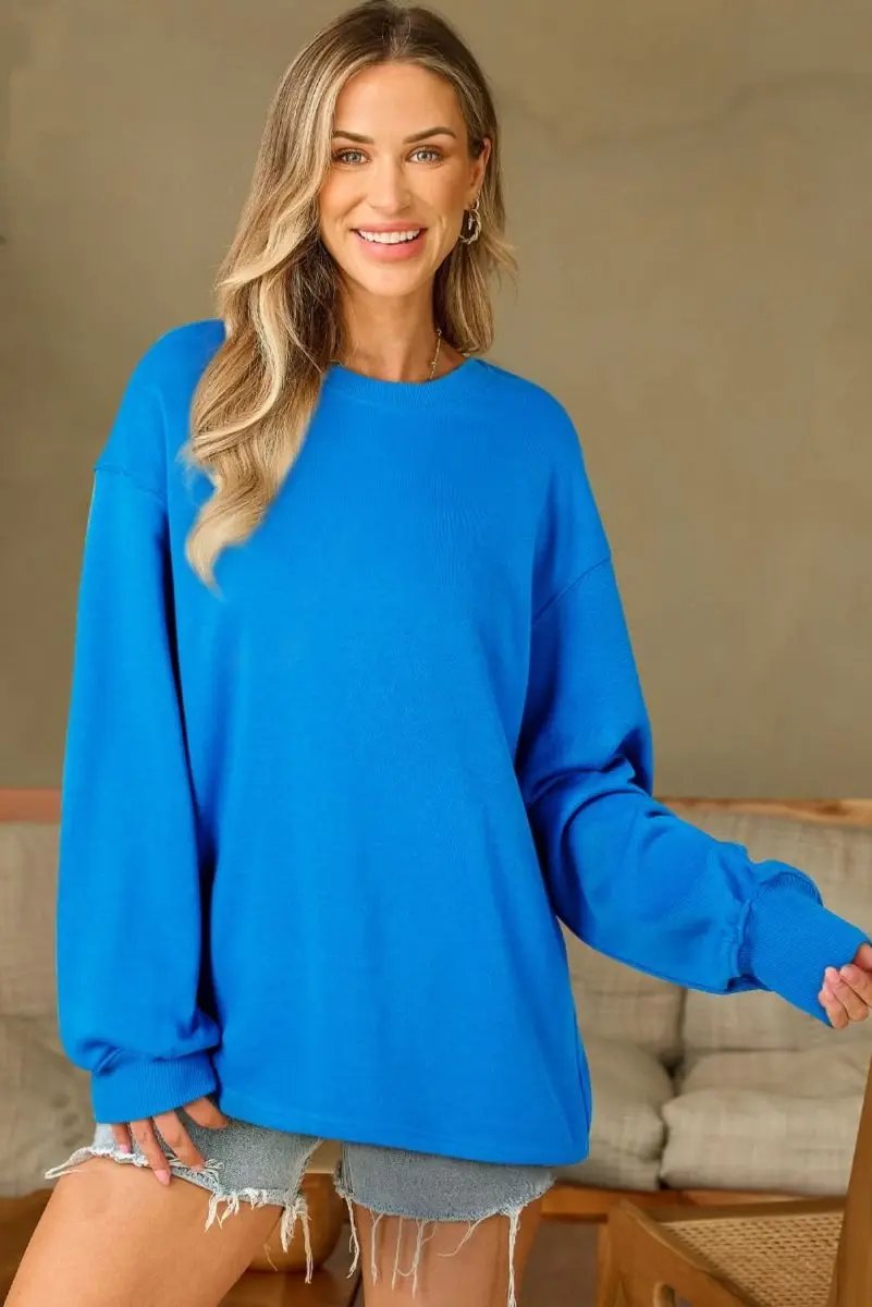 Sky Blue Solid Color Drop Shoulder Long Sleeve Basic Sweatshirt - Love Salve